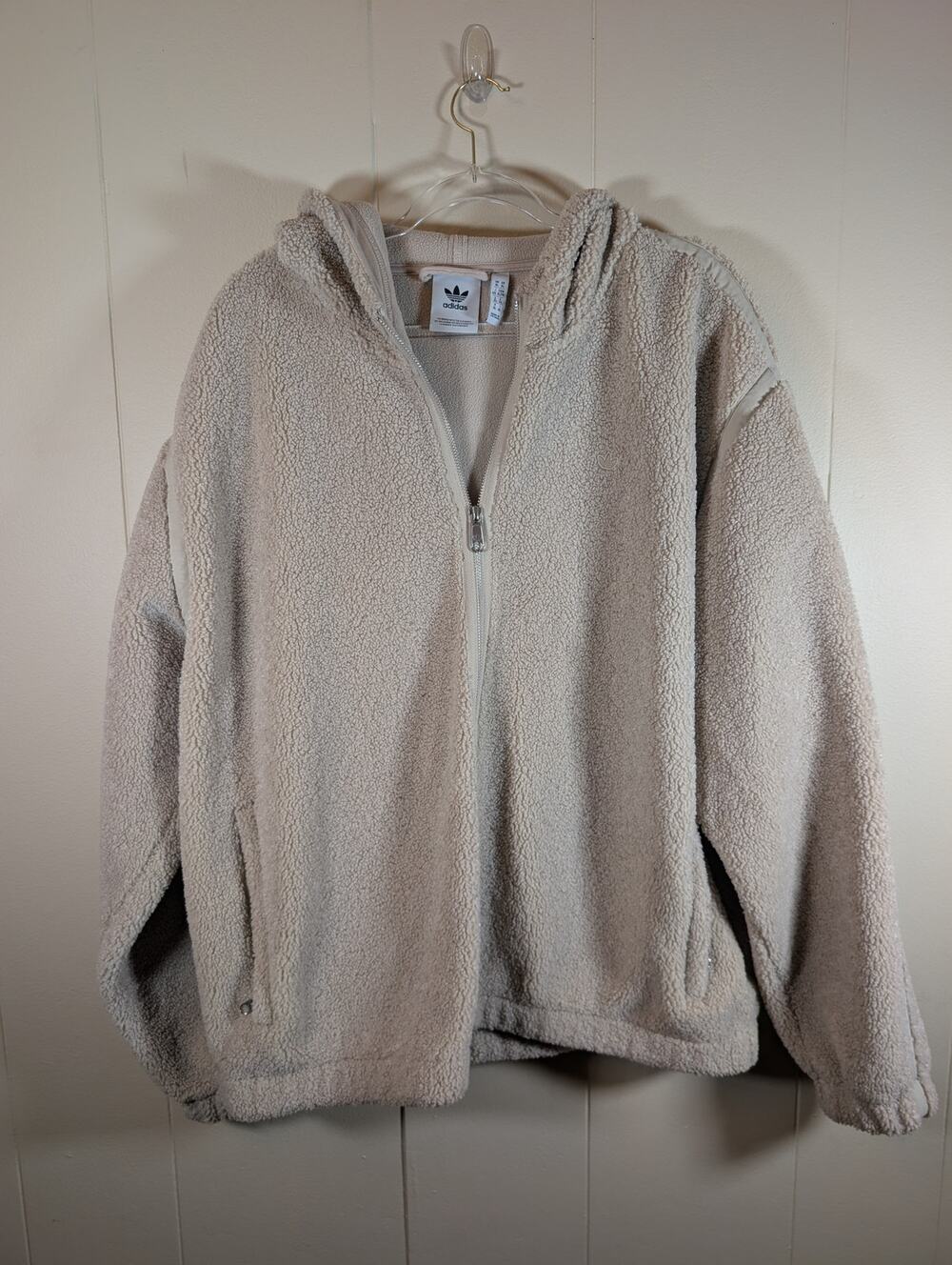 ADIDAS Originals Sherpa Fleece Jacket Women's XL Cream Hooded Full Zip